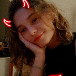 Mia D, a Parisian model with devil horns and red eyes