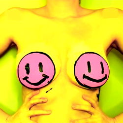 An artistic representation of a model with painted symbols over her body, standing in a colorful room. The image is humorous and exaggerated, playing on the concept of social media influencer culture and the use of emojis.