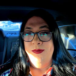 Alyssa Rose in a Striped Shirt and Long Hair with Red Lipstick