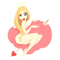 Anime-style model image featuring a female character with golden hair, dressed in a red and white outfit, holding a giant pink heart