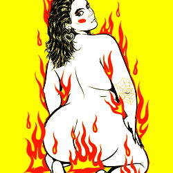 Vintage-style onlyfans ad featuring an artistic rendering of a person on fire with a yellow flame background, likely for promotional or informational purposes.