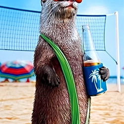 Aqua Bear in a Beach Costume, Holding Beer and a Volleyball Net