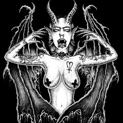 Dark and edgy fantasy art of a devilish character with tattoos, piercings, and horns