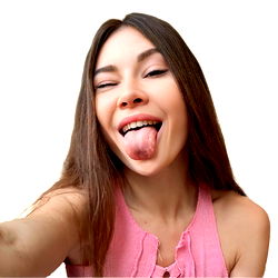 A 25-year-old influencer playfully posing for a selfie with her tongue out.