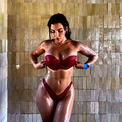OnlyFans Model Aixana in a Red Bikini at the Shower