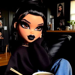 Stylish Doll with Black Lipstick, Sitting with a Bowl of Noodles