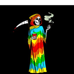 Instagram Post: Onlyfans Model R2DEE2 Sharing a Colorful Image of a Skeleton with a Rainbow Cloak Holding a Bag of Candy and Smoking a Joint
