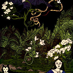 A fantastical scene with a woman and a cat,