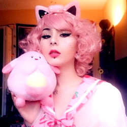 Gamer Style with Pink Cat Ears and Stuffed Bunny