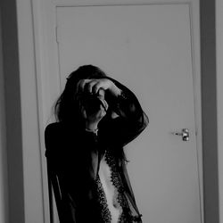 Black and White Photo of Angel Gabrielle, a Model from New Zealand, in the Mirror