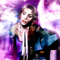 Stylish Model Harley, Crouching Against Backdrop with Celestial Elements