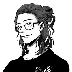 Artwork of a female character with long hair and glasses, wearing a black jacket