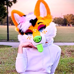 Scrubb's Playful Dog Mascot with Pink and Purple Eyes, Posing in Park
