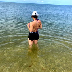 Are in a swimsuit at the beach