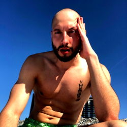 Xen Shirtless at the Beach with Hand on Head