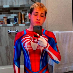 Andy the Spider-Man Costume Model in a Bathroom