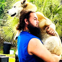 A Man Hugging a Wolf-Dog Hybrid