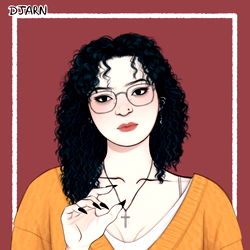 Melanie, a fashion-forward individual with glasses and cross necklace