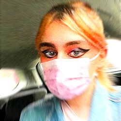 Vivid, Colorful Fashionista in Masked Car Ride