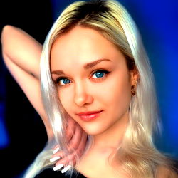 Lumi, a 20-year-old woman with blue eyes and blonde hair, is the focus of this image. She poses confidently with her hand on her hip, showcasing her style.