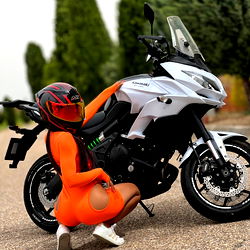 Vibrant Motorcycle Advertisement with Model Mayka