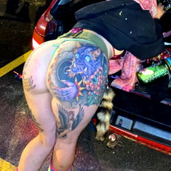 OnlyFans Model Momo $uki in Tattooed Bikini and Colorful Socks at a Parking Lot