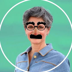 A woman with a playful mustache overlaying her profile picture.