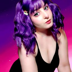 Stylized portrait of a person with vibrant purple hair, wearing a black top with cleavage visible and adorned with a blue necklace.