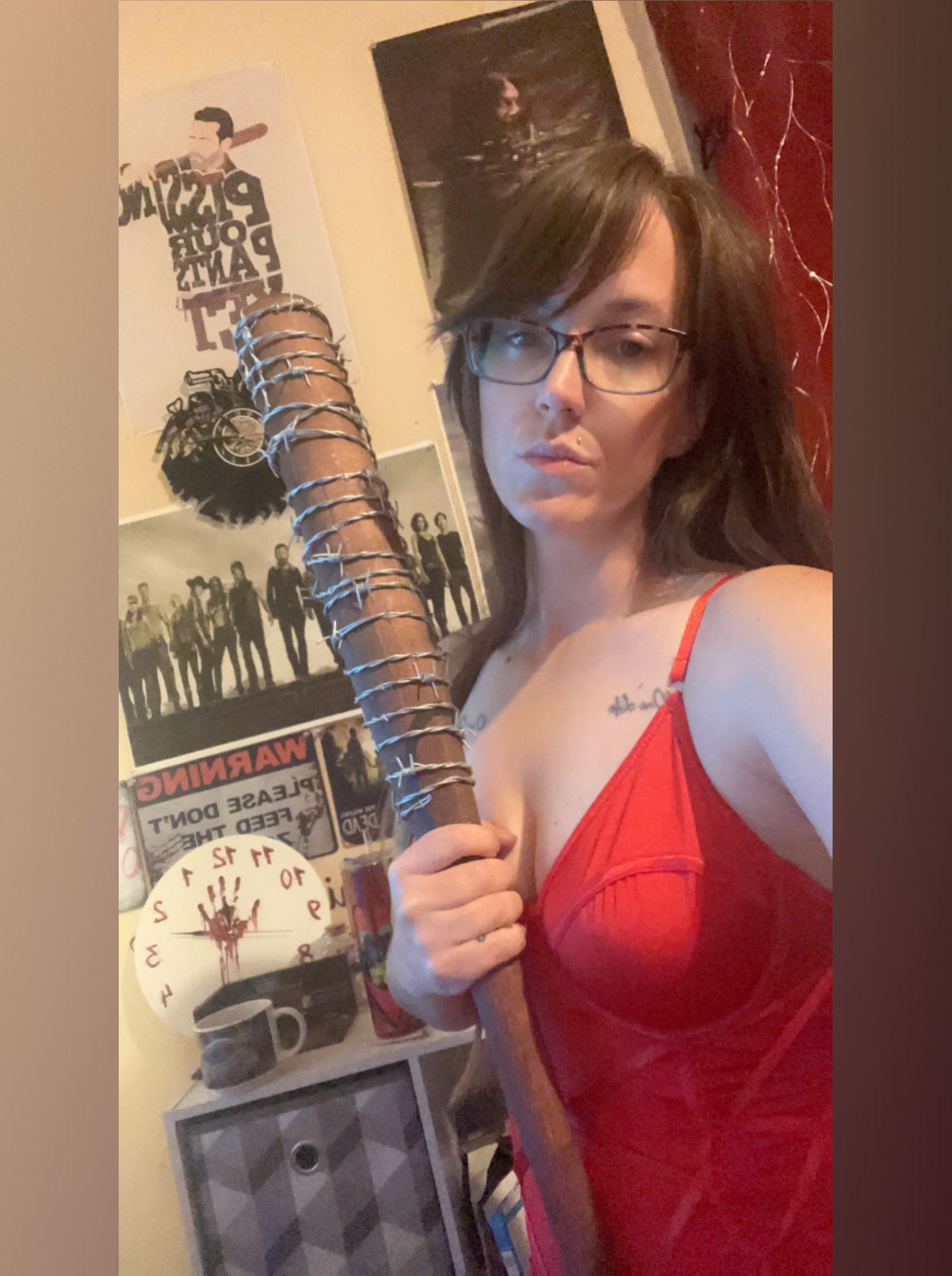 Model Autumn in Red Dress Wielding Walking Dead Axe