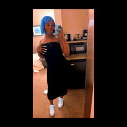 Model in Blue Wig and Dress, Taking Selfie