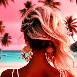 Beautiful Model Posing Against a Pink Sky with Palm Trees