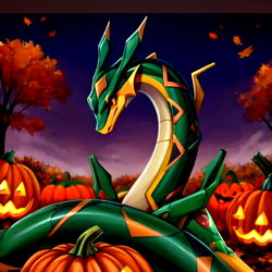 Nick Ram, Halloween-themed illustration of a dragon and pumpkins with a festive atmosphere, 3D rendering
