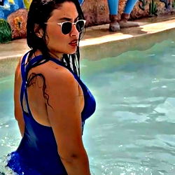 Ecuadorian Model Stef in Blue Swimsuit by Pool